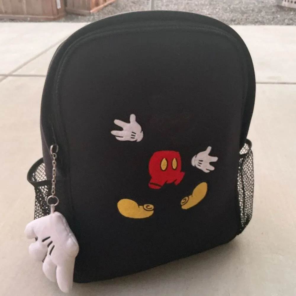 Disney Mickey Mouse Black Backpack Plush Glove Charm Embroidered Kids 14”